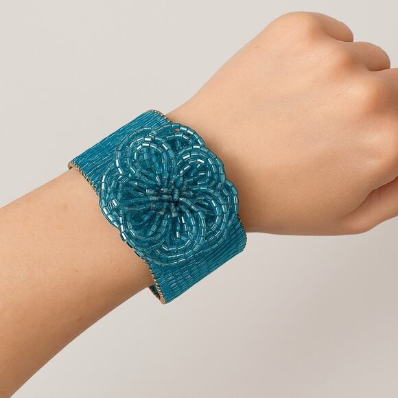 Vintage Turquoise Beaded Flower Cuff Bracelet Wide Wire Wrapped Statement - Picture 1 of 6